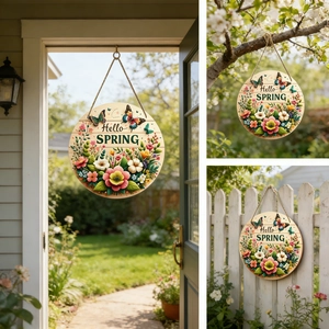 Detailed view of Hello Spring wooden door sign with floral patterns and butterflies