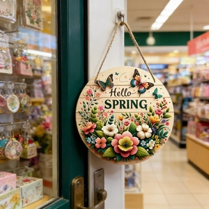 Detail of wooden Hello Spring door sign with colorful floral patterns and rustic twine