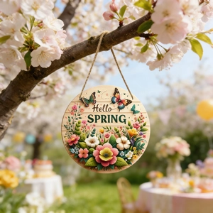 Close-up of wooden Hello Spring hanging sign with floral patterns in a garden setting