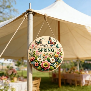 Macro detail of round wooden Spring sign with colorful flowers and hanging jute rope