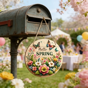 Round wooden Hello Spring hanging sign with floral pattern for garden party decoration