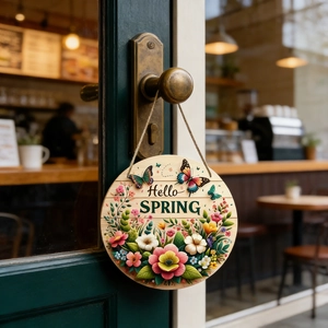 Round wooden Hello Spring sign with colorful flowers and butterfly hanging on a glass door