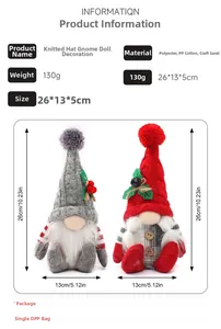 Detaillierte Maßangaben für gestrickte Wichtelfiguren in roten und grauen Farben