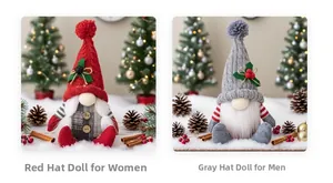 Detailed view of red and grey knitted Christmas gnomes on snowy festive background