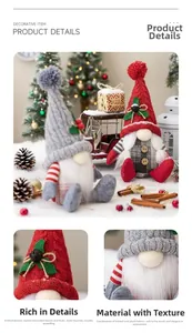 Close-up of knit Christmas gnomes with plaid fabric and holly berry bell decorations