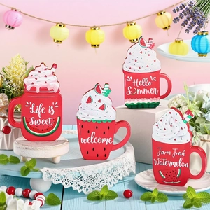 Set of 4 wooden summer watermelon cup signs for tiered tray home decor and display