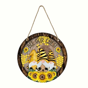 Bee Our Guest wooden circular sign with gnome and sunflower patterns for home decor
