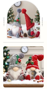Detail of Christmas gnomes plush set with knitted hats, holly leaves and fuzzy beards