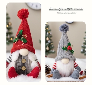 Detailed view of handmade Christmas gnomes with knit hats and faux fur beards decor