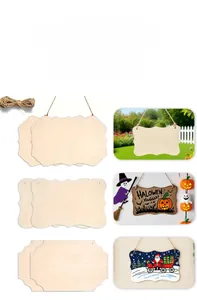 Detail showing various DIY unpainted wooden plaques with hemp ropes for handicraft