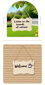 Close-up of decorative wooden hanging signs with nature quotes and jute rope hangers