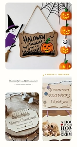 Macro detail of wooden DIY signs with various festive patterns and rustic hanging ropes