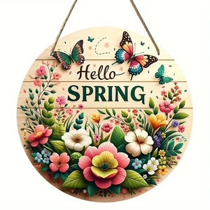 Round wooden Hello Spring sign with colorful flowers and butterflies for garden decor