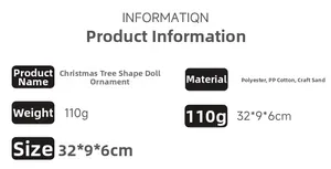 Spécifications de la peluche sapin de Noël détaillant matériaux, poids et taille 32x9x6cm