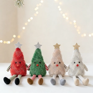 Set of four plush long-legged Christmas tree dolls in red, green, cream, and white colors