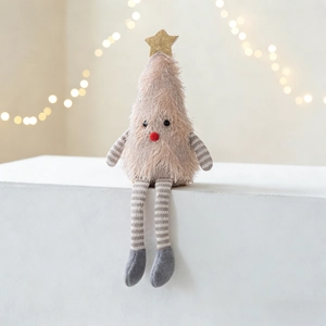 Plush Christmas tree doll with long striped legs and a gold star on a white stand