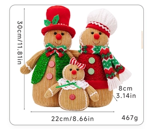 Detailed dimensions of three gingerbread gnome plush dolls with Christmas decor