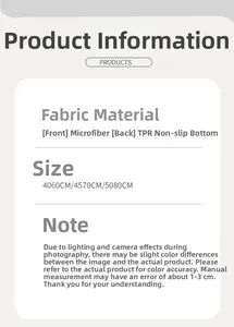Detail of microfiber bath mat specifications with TPR non-slip backing and size options