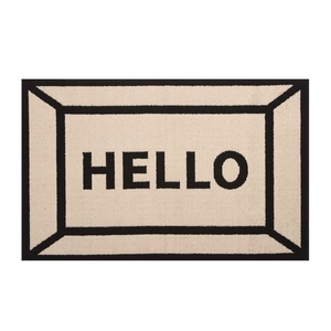 Minimalist beige HELLO doormat with black geometric frame and woven texture for entryway