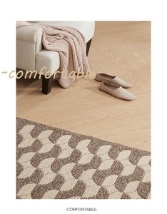 Close-up of luxury double-layer woven polypropylene rug with beige geometric patterns