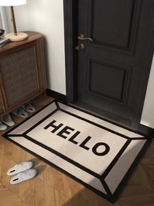 Close-up of modern minimalist HELLO doormat with non-slip texture and geometric border