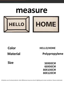 Detailed size chart for polypropylene door mats with Hello and Home designs