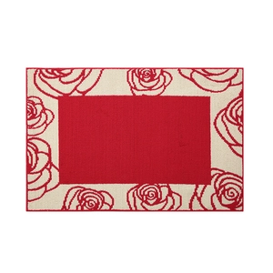 Red festive welcome doormat with elegant cream rose floral border for home entrance