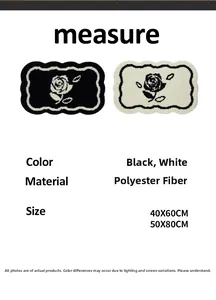 Polyester badmat met rozenpatroon in zwart en wit, maten 40x60cm en 50x80cm