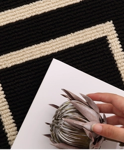 Close-up of modern geometric entryway mat showing loop weave texture and fibers