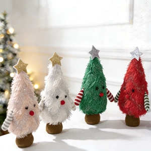 Cute plush Christmas tree tabletop decorations with stars and striped arms in four colors