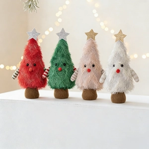 Detailed set of four plush Christmas tree dolls with cute faces and glittery stars