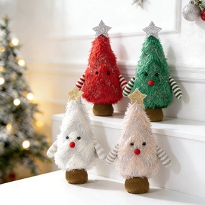 Set of four plush Christmas tree ornaments in red green white and pink with star tops