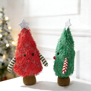 Detail of plush Christmas tree ornaments with fuzzy texture and cute star toppers