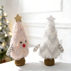 Detail of plush Christmas tree tabletop ornaments with cute faces and stripe knit arms
