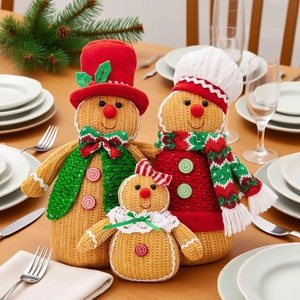Tre peluche di omini di pan di zenzero su una tavola apparecchiata per decoro natalizio