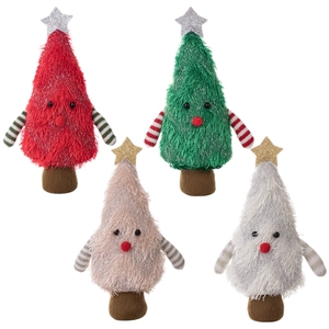 Set of four plush Christmas tree ornaments in red, green, beige and silver with star tops