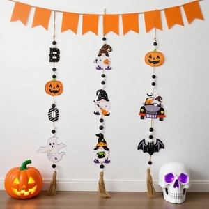 Halloween beaded wood garland set with pumpkin, ghost, and bat hanging decorations