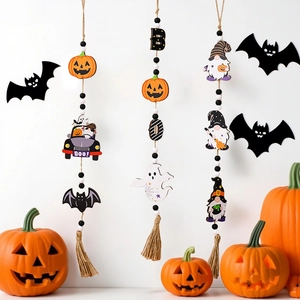 Halloween Wooden Bead Garland With Gnome Pumpkin Bat Hanging Ornament Jute Tassel Rustic Farmhouse Home Party Wall Decor