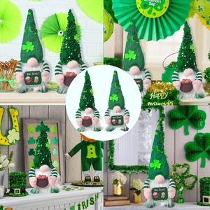 Gnome plush decor set on mantle for St. Patrick's Day festive home styling