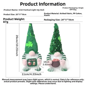 Detailed size and material guide for St. Patrick's Day glowing gnomes with LED lights