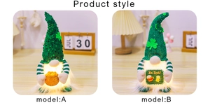 Close-up of lighted St. Patrick's Day gnomes with green hats and festive clover details