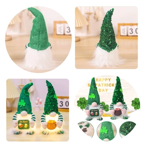 Detail of St. Patrick's Day faceless gnome with LED lights and clover knit hat
