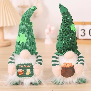 Detailed view of St. Patrick's Day gnomes with green sequins and I'm Irish sign