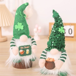 Detail of St. Patrick's Day gnomes with green hats and I'm Irish sign decorations