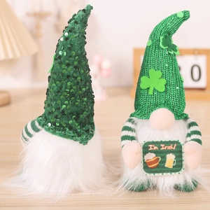 Detail of St. Patrick's Day gnomes with green sequin hats and I'm Irish sign decor