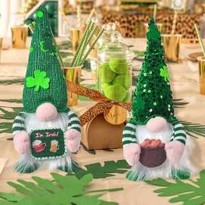 Detail of St. Patrick's Day gnomes featuring green sequins and festive Irish ornaments
