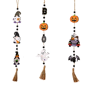 Three-piece Halloween wood bead gnomes and pumpkin hanging ornaments with tassels