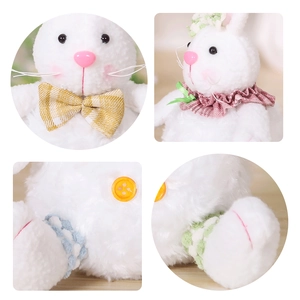 Detail shots of white plush Easter bunny featuring gold bow and colorful knit legs