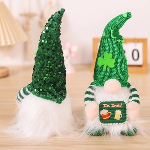 St. Patrick's Day faceless gnomes with green sequin hats and beer clover decorations