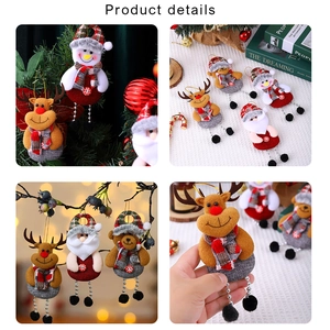 Detail of Christmas plush pendants featuring reindeer, snowman and Santa Claus with bead legs